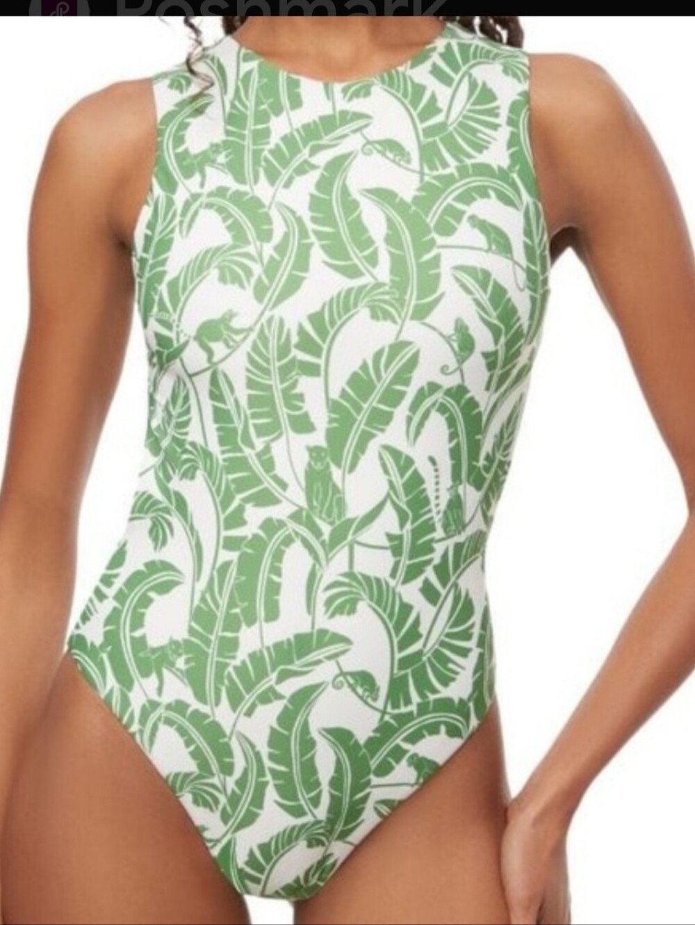 WeWoreWhat Green and White Tropical Leaf One-Piece